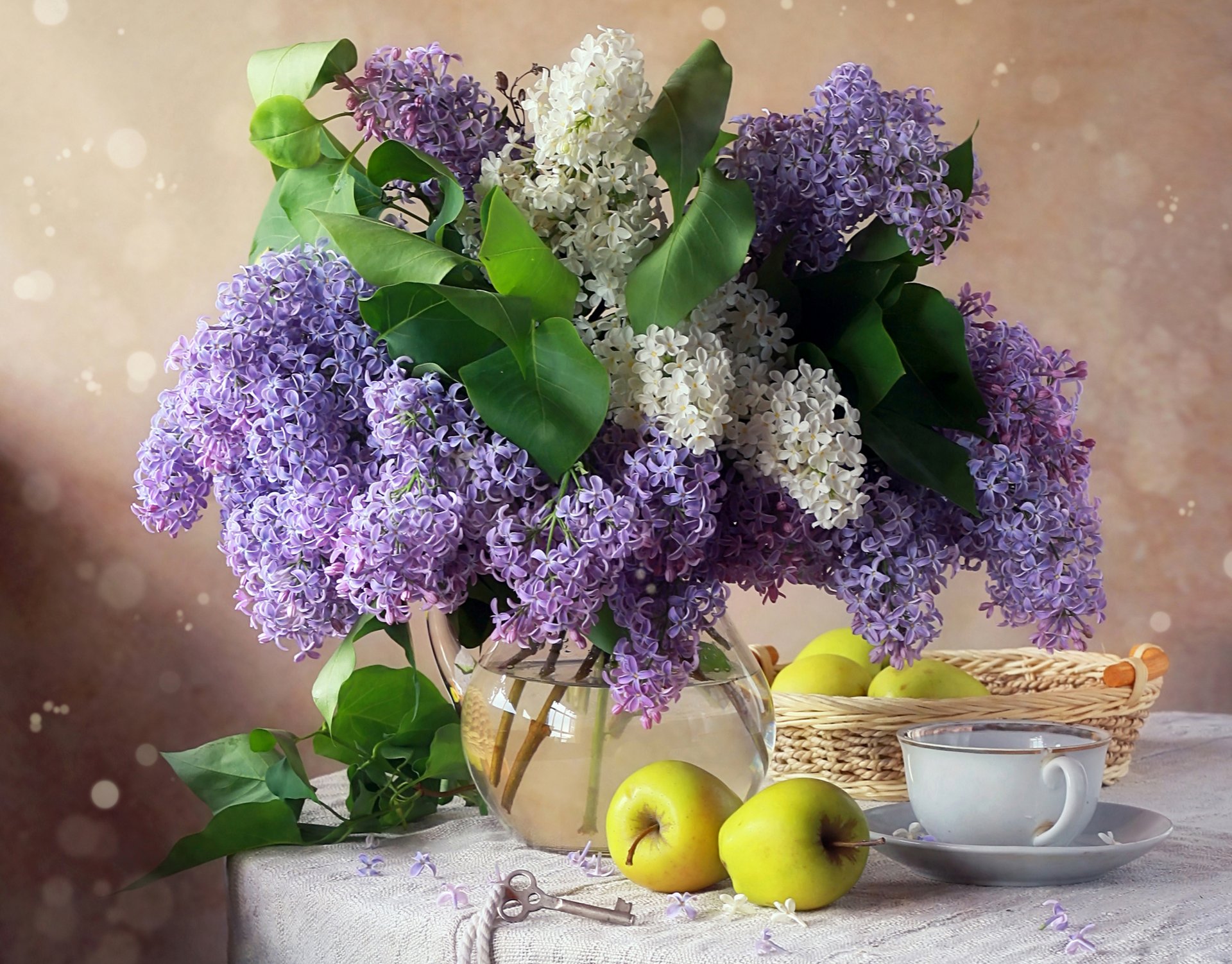 naturaleza muerta lila manzanas taza flores foto