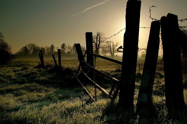 An old ruined fence in a field