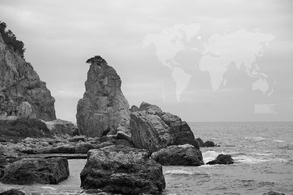 Large coastal rocks in the sea