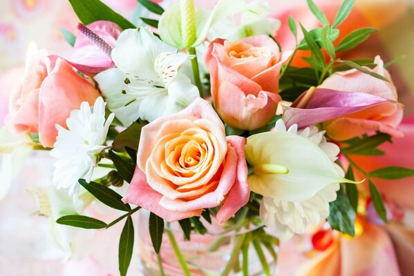 A bouquet of various flowers. Pastel colors