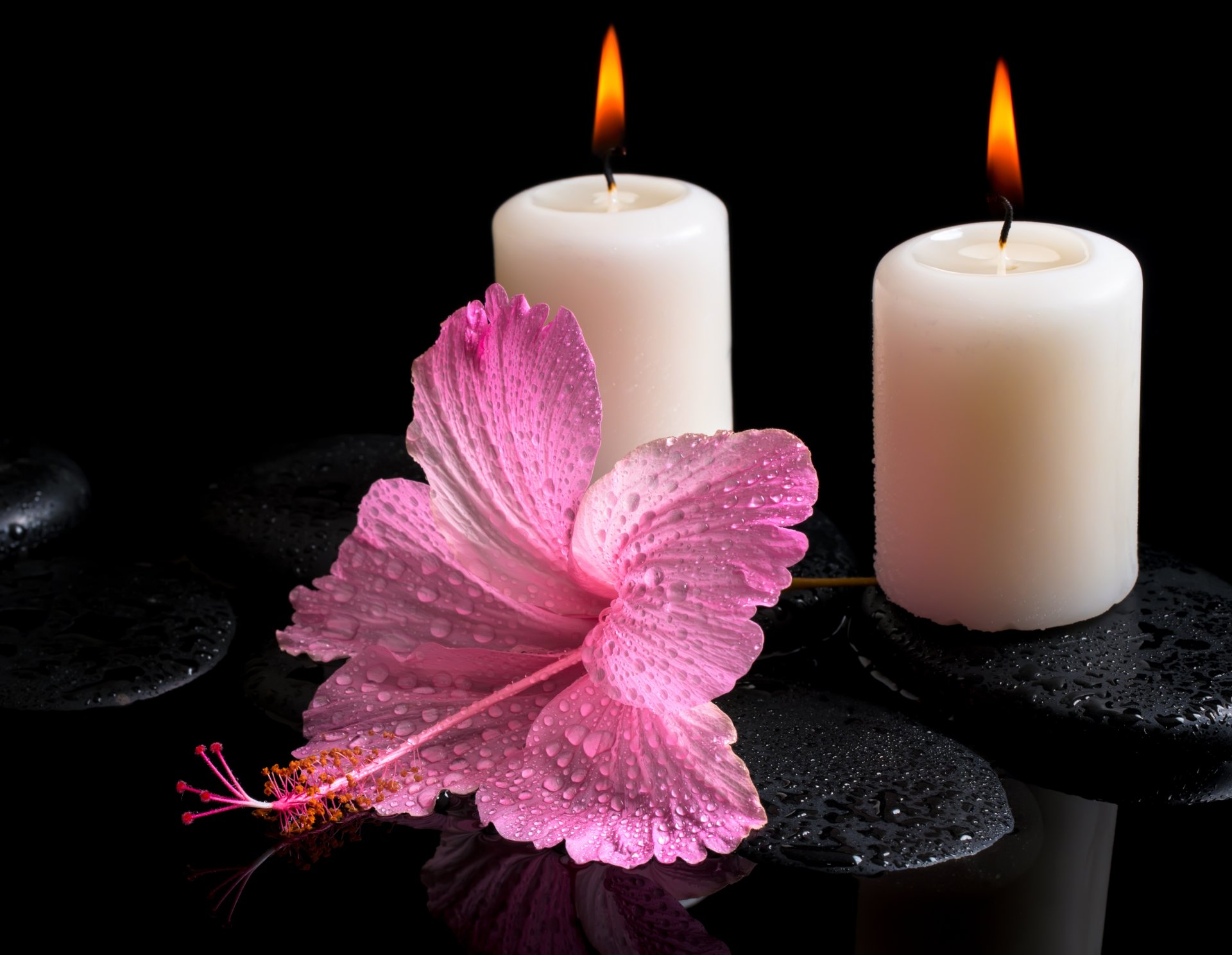 water drops spa stones candles flower hibiscu