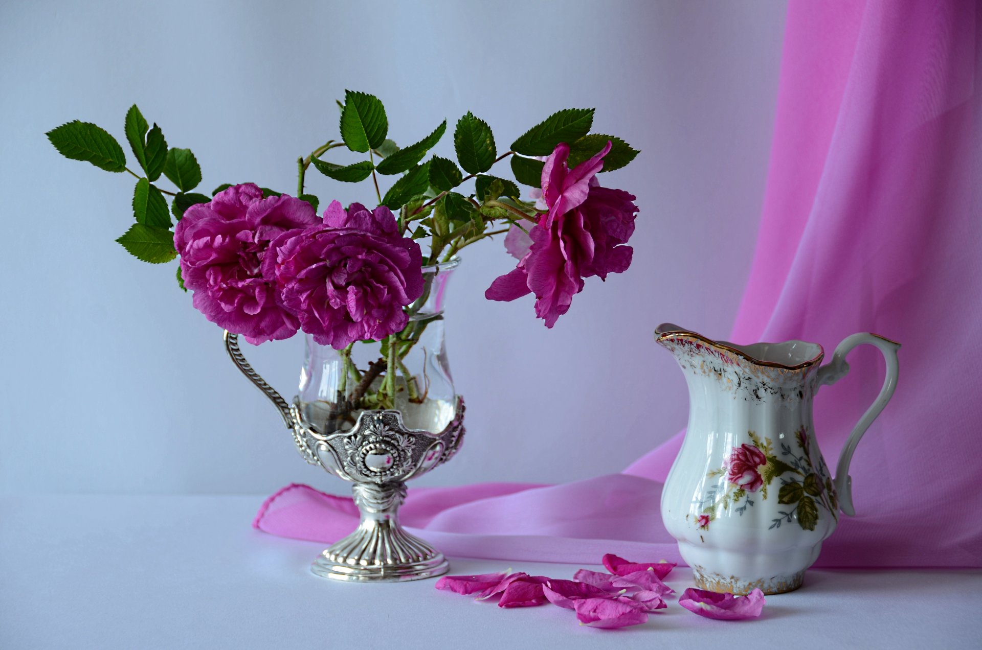 natura morta vaso fiori petali rosa brocca