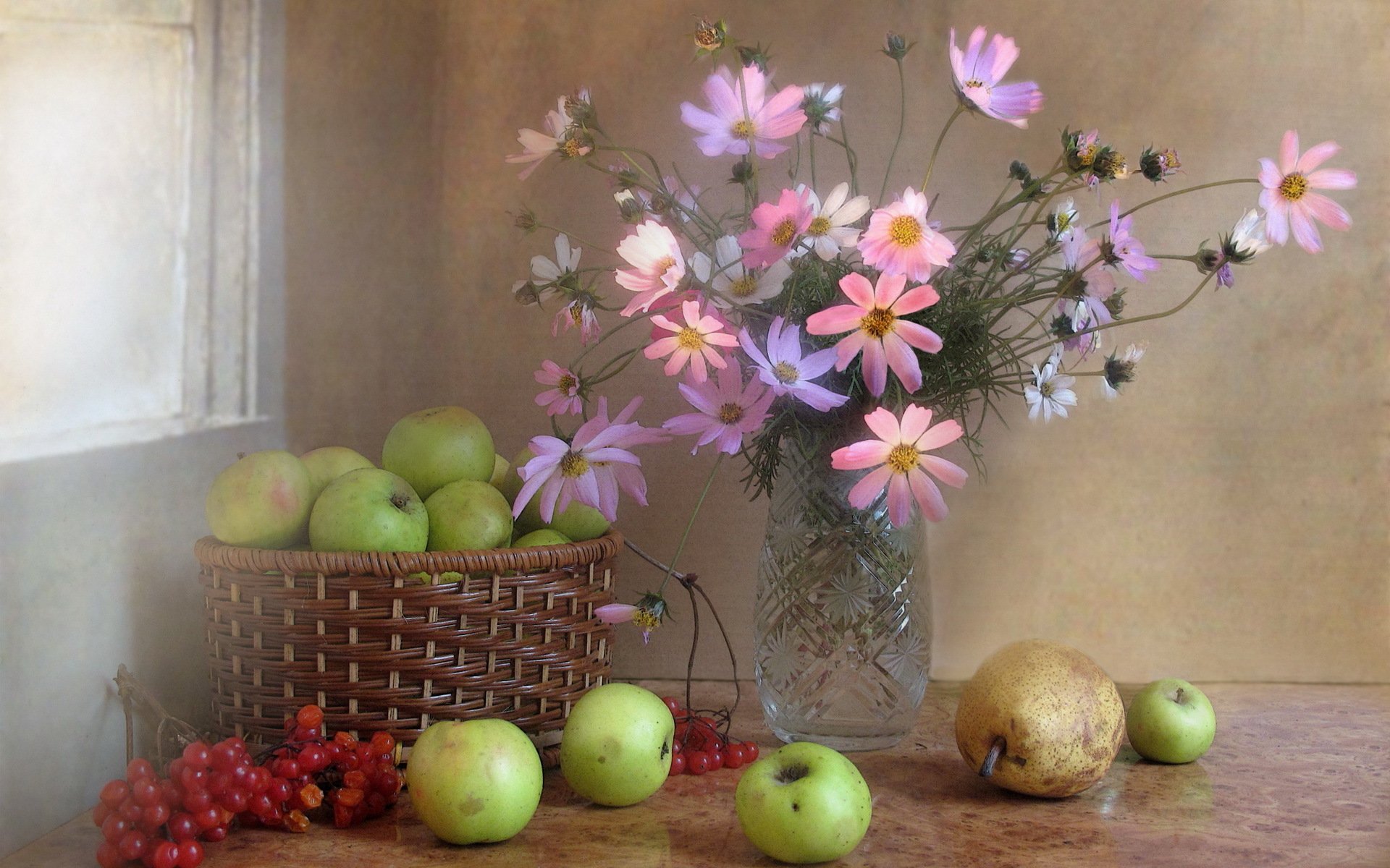 bouquet kalina composition kosmeya still life november autumn fruits flower apples berrie
