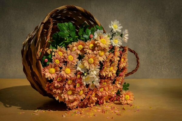 Bouquet de chrysanthèmes dans un panier en osier
