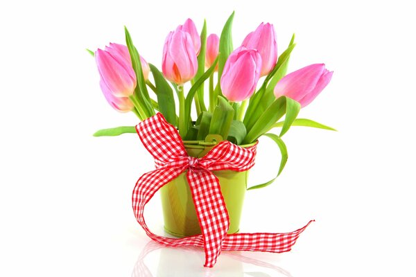 Rosa Tulpen in einem Eimer mit Band