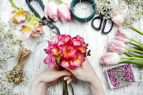 The work of a florist. Bright bouquet