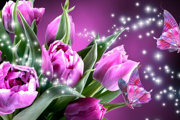 Collage de tulipes roses et papillons