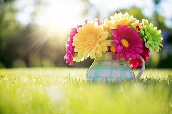A bouquet of flowers in a jug in a clearing