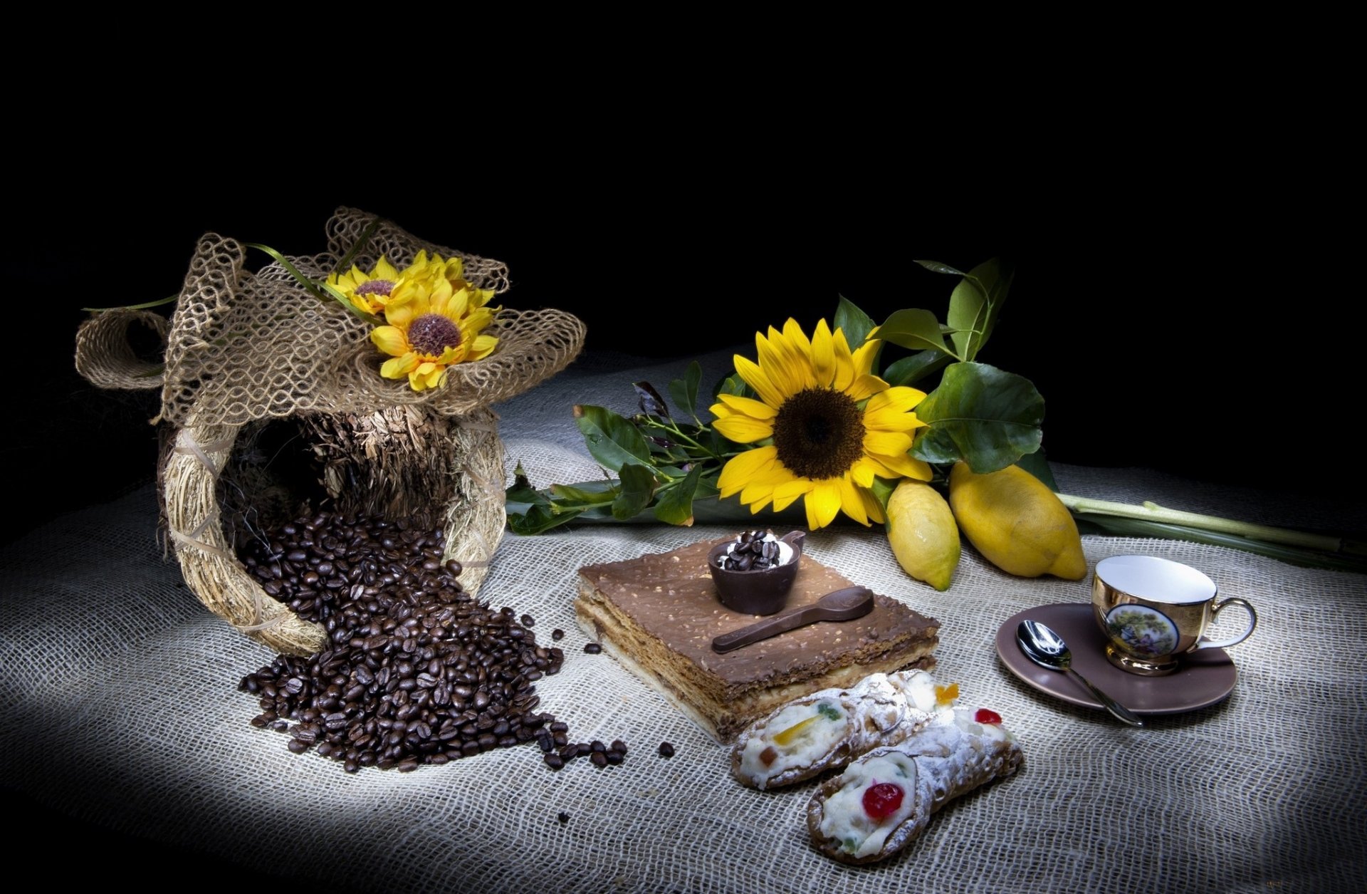 flores girasol frijoles café bolsa pastel taza cannoli postre crema