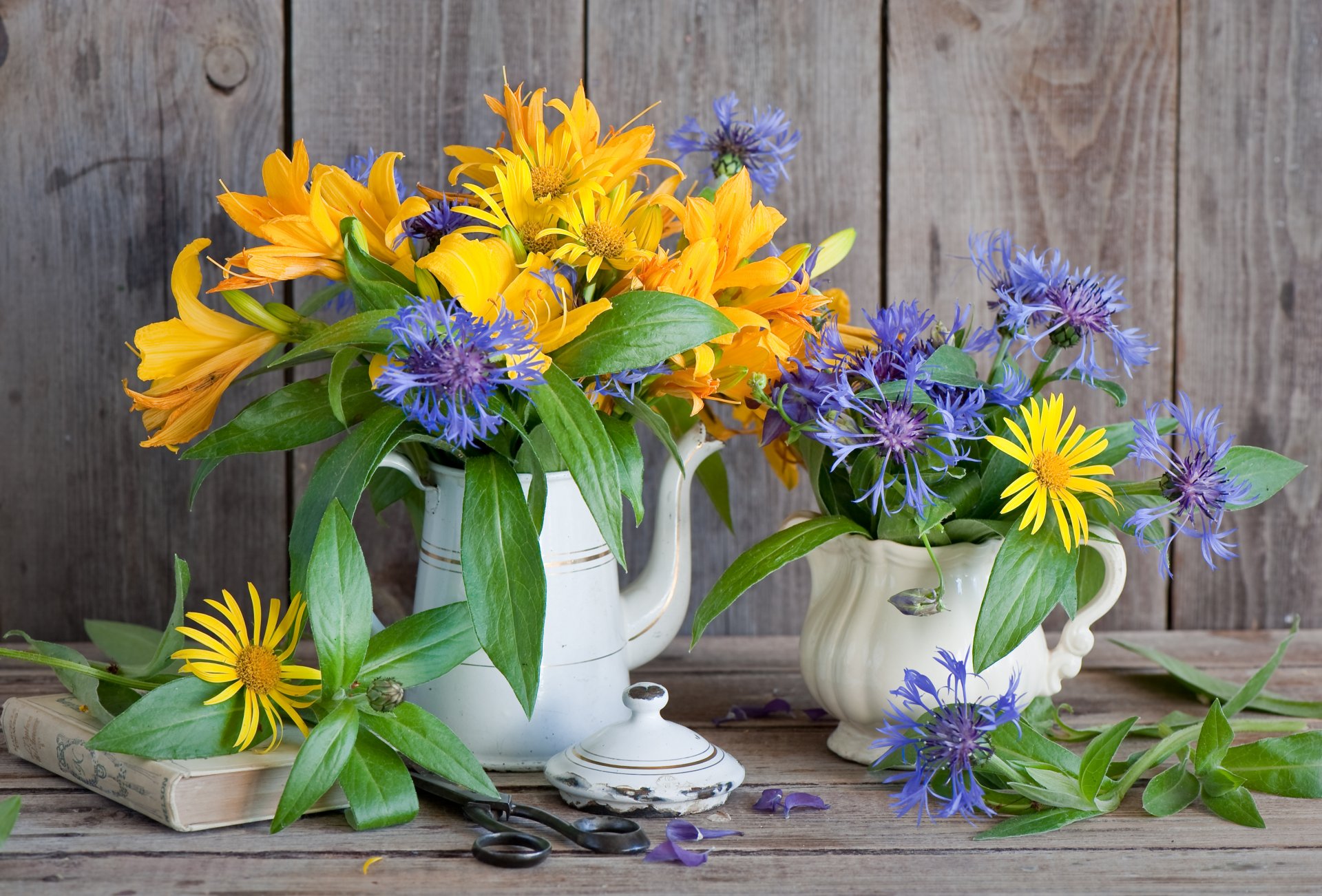 cornflowers lilies bouquet book scissor