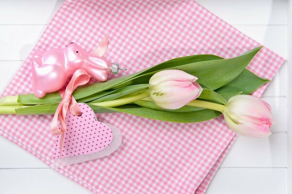 Bouquet of pink tulips with Easter bunny