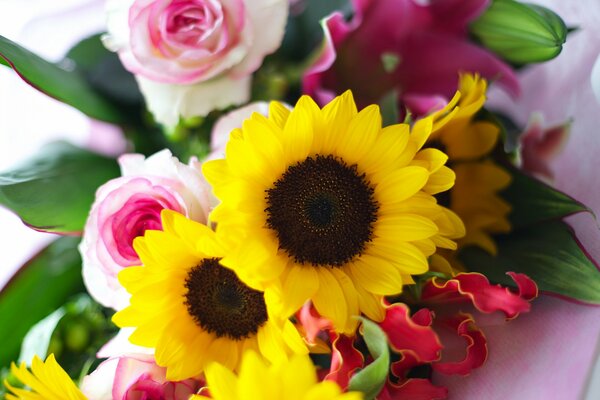 Beautiful bouquet of yellow sunflowers and roses