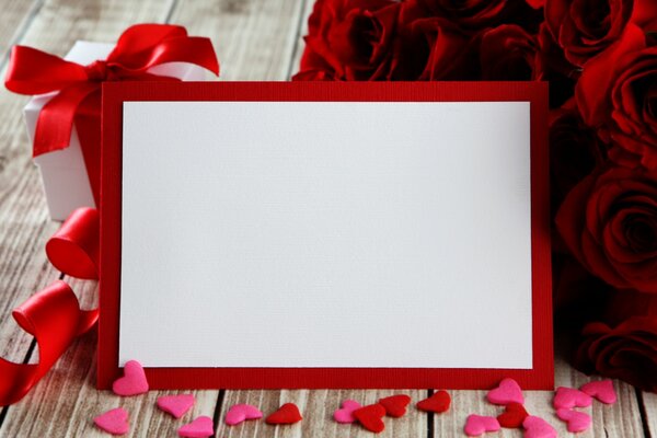 Cadre photo sur fond de boîte-cadeau et bouquet de roses écarlates