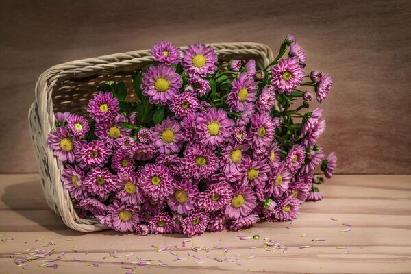 Bouquet of pink flowers in a basket