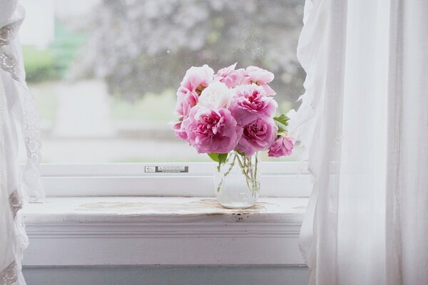 Pink flowers in a vase on the window