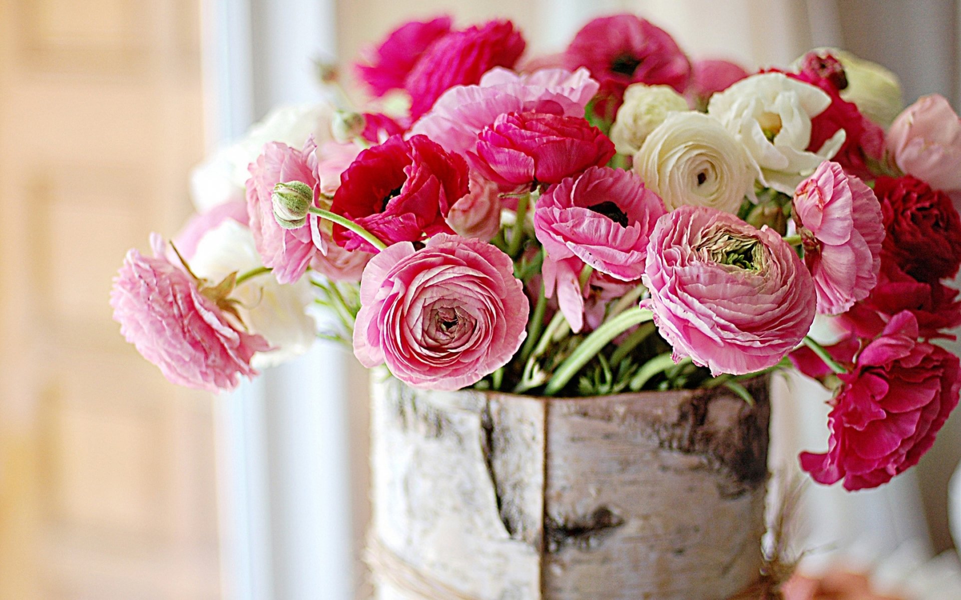 peonie fiori corteccia betulla ranuncoli