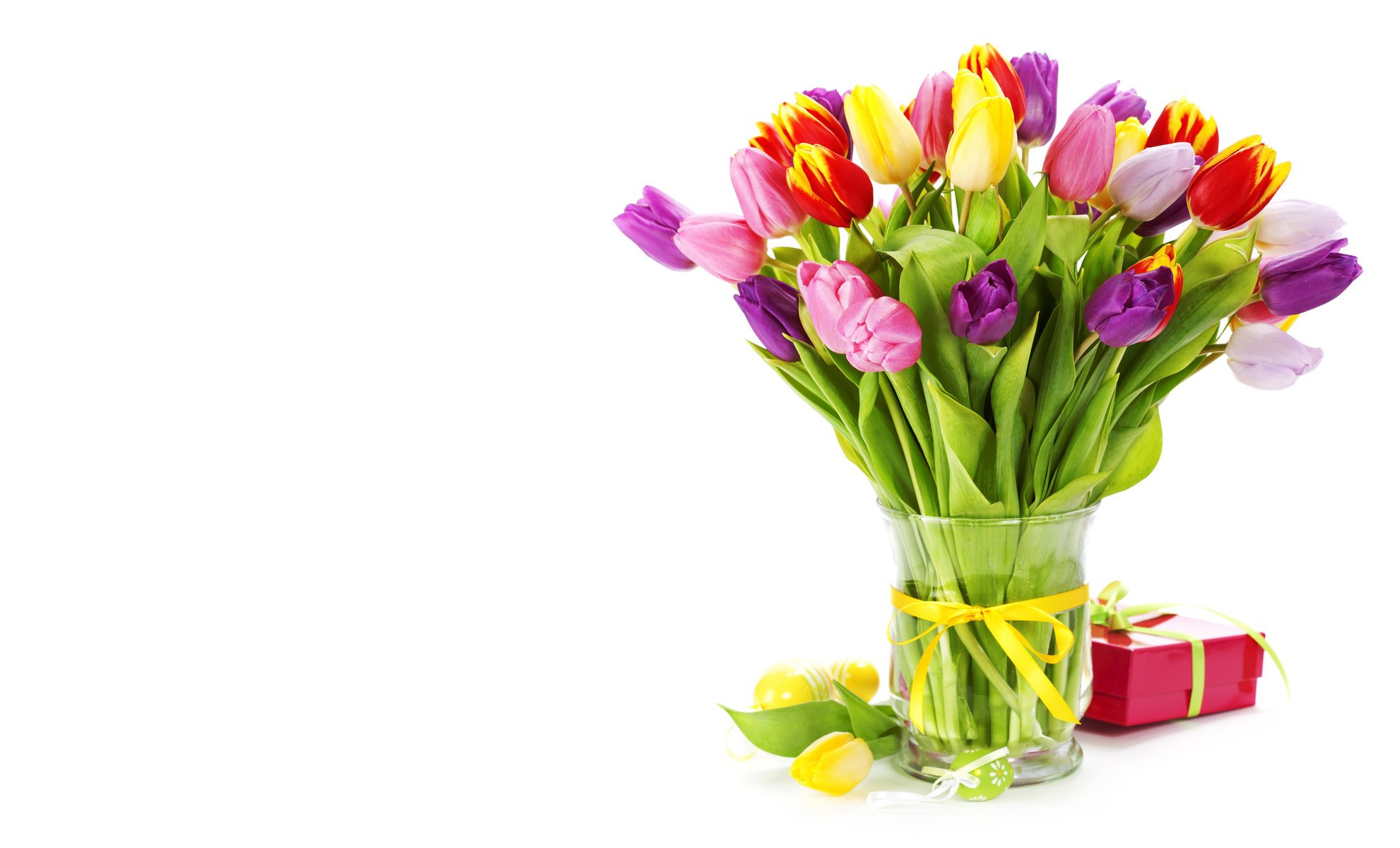 tulips flower spring present bouquet yellow red pink plant green vase