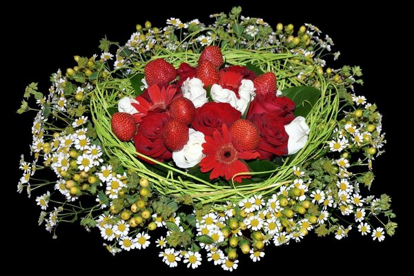 Background composition of daisies and strawberries