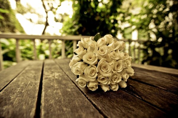 The bride s bouquet of white roses on the bench