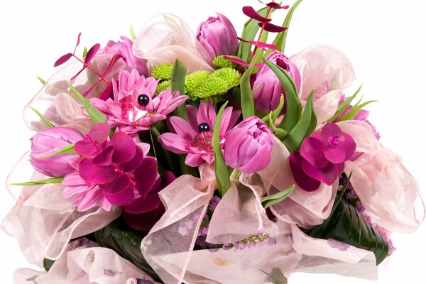 Bouquet of flowers with tulips with ribbon