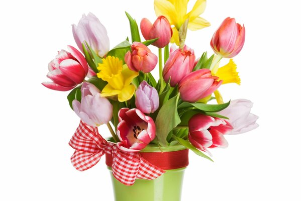 Bouquet of tulips in a bucket with a ribbon