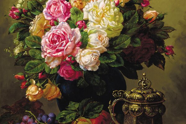 Picture. still-life. peonies and grapes. bouquet of peonies