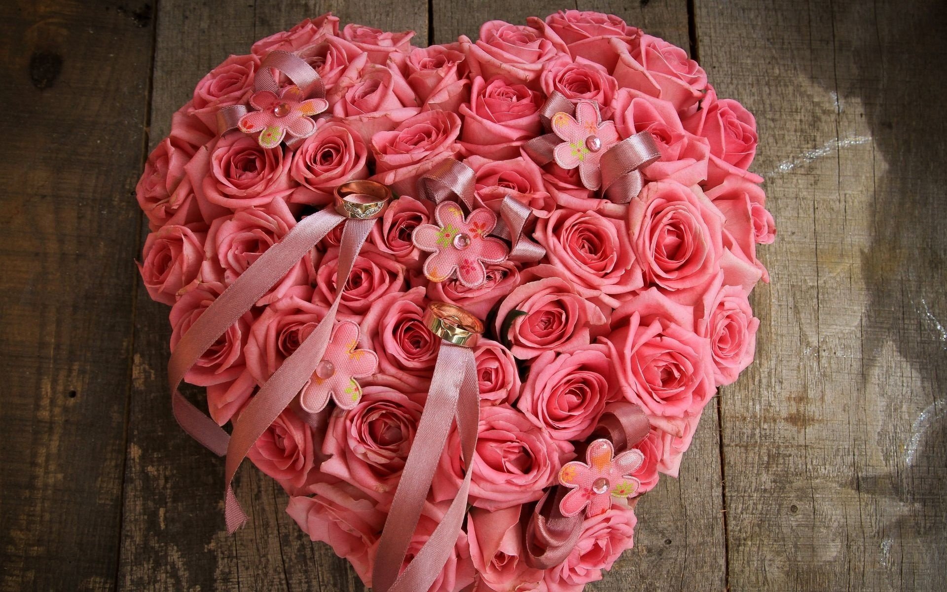 roses pink beautiful flowers flower buds rings heart love composition