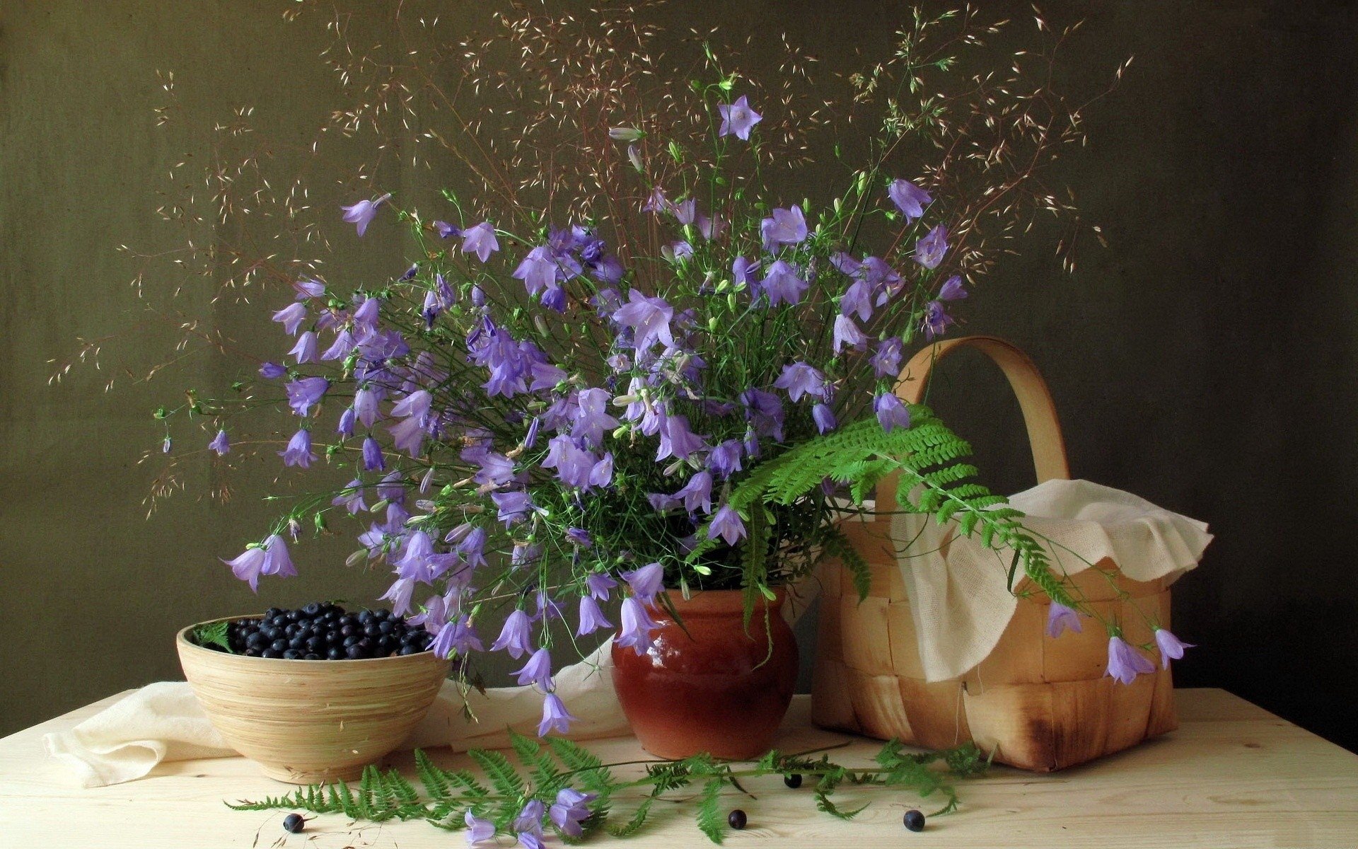 flower bells still life blueberries dish basket fern leaves berrie