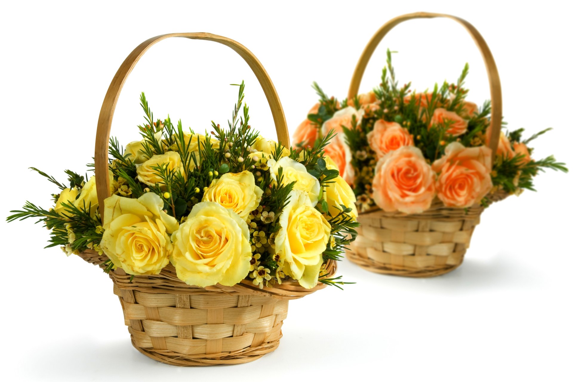 roses flower yellow pink bouquets shopping basket white background