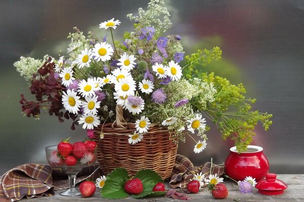 Panier de marguerites et cerises