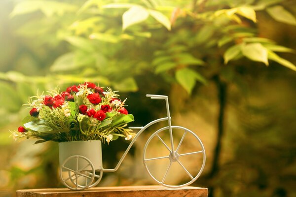 Un ramo de hermosas rosas en una maceta con una bicicleta