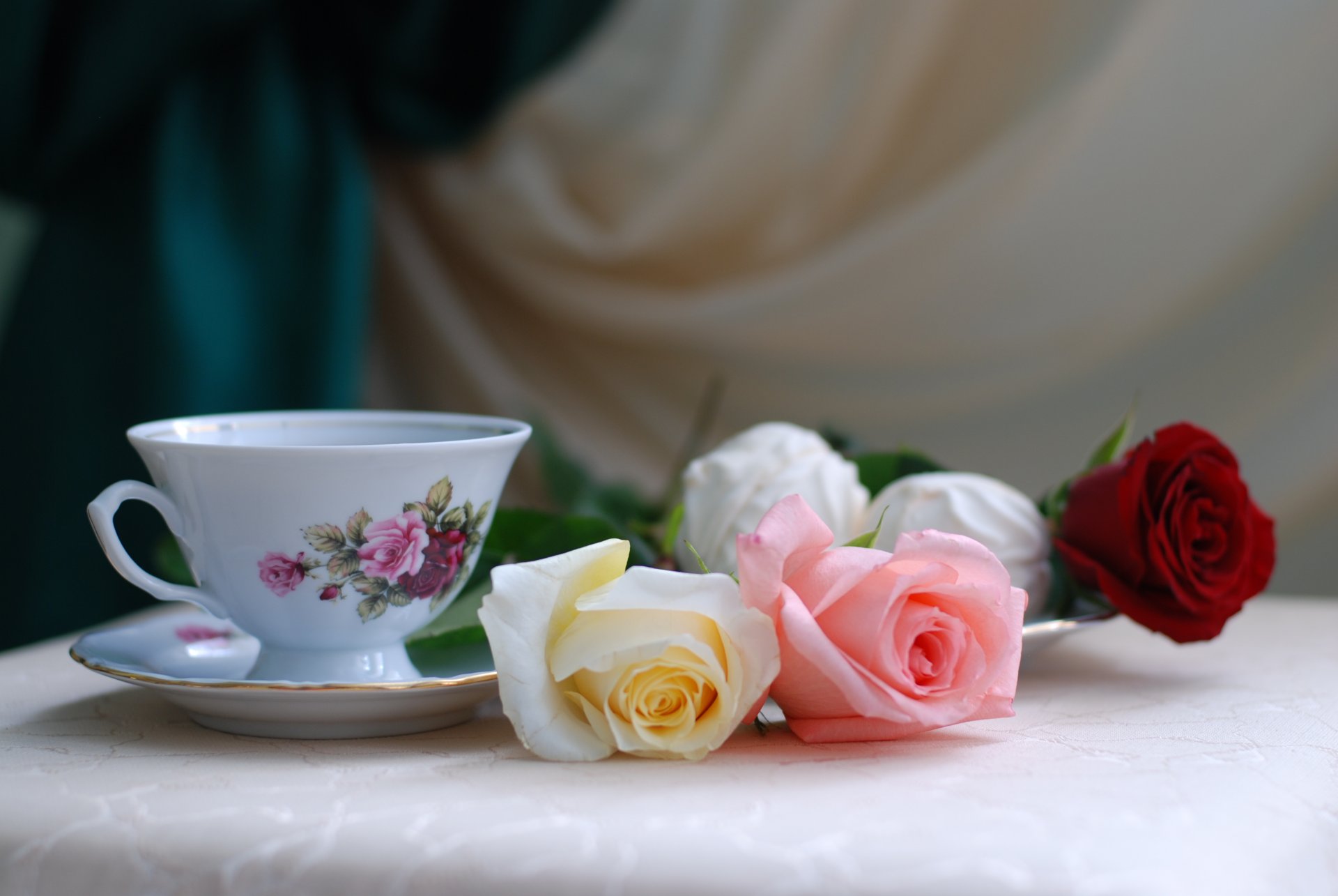 nature morte roses thé vacances fleurs table tasse