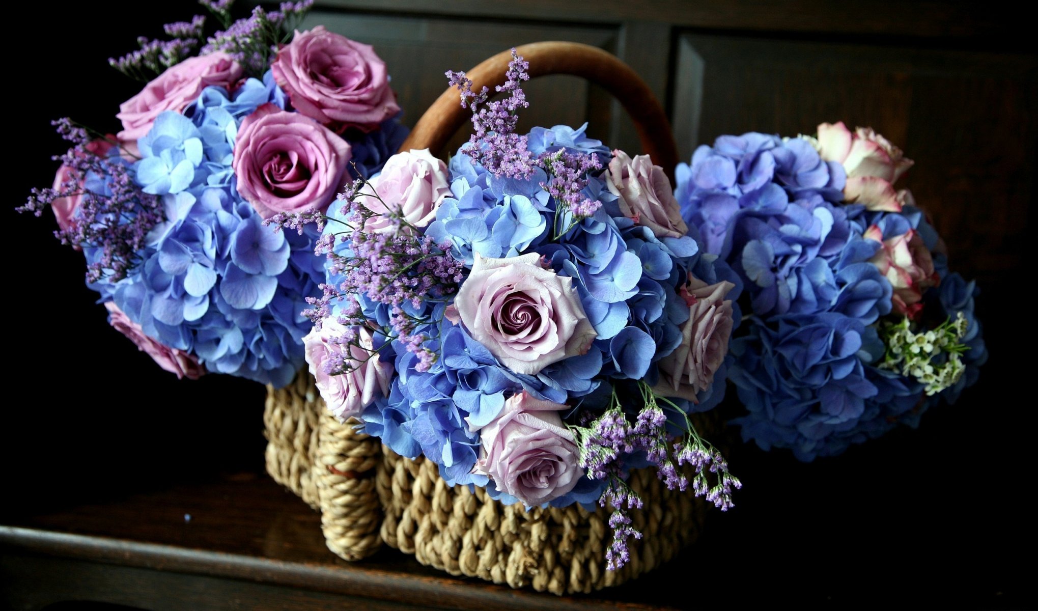 flower basket pink blue roses hydrangea