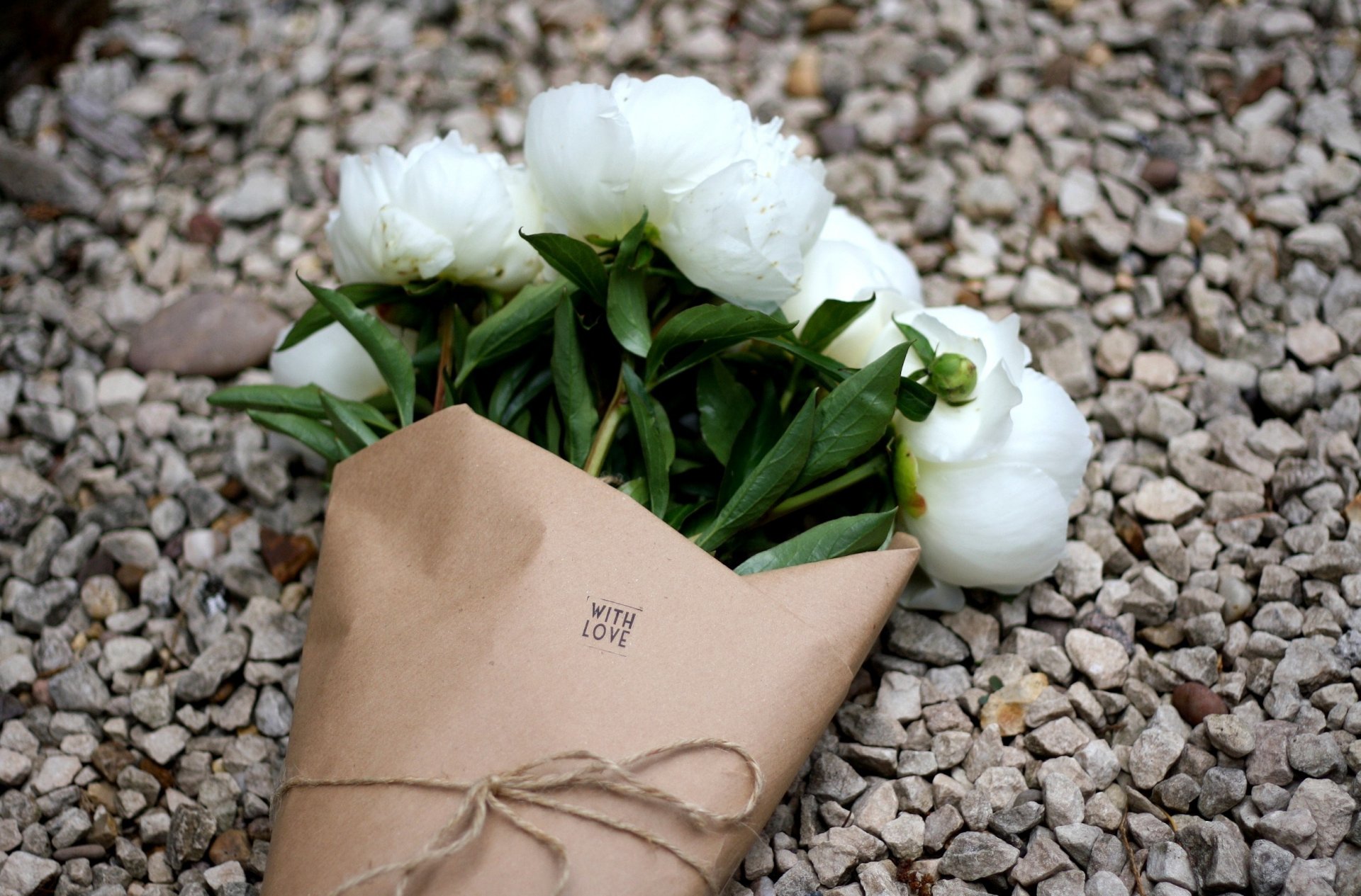 flower bouquet white peonies gravel with love