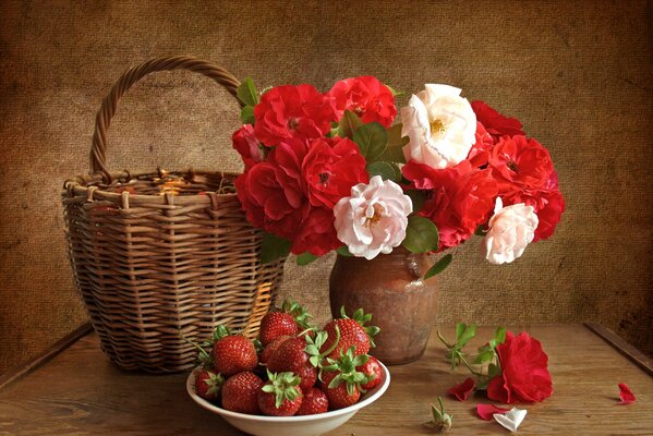 Still life strawberries, flowers, roses