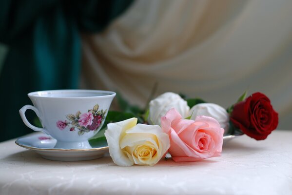 Natura morta di una tazza con fiori e fiori