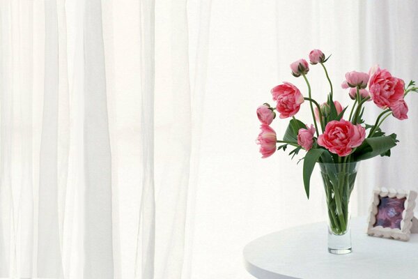 Pivoines dans un vase en verre sur une table dans une chambre avec des rideaux blancs