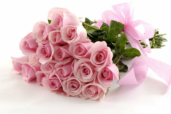 A bouquet of pale pink roses tied with a ribbon