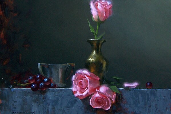 Peinture de cheifetz A. nature Morte de roses et de raisins