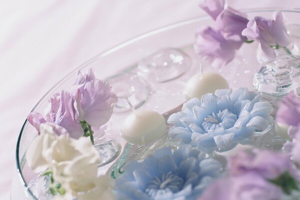 Verschiedene Blumen in einem Teller mit Wasser