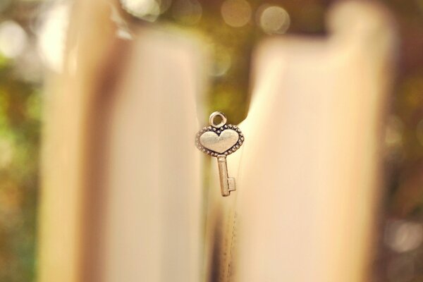 A key in the shape of a heart on the background of a book