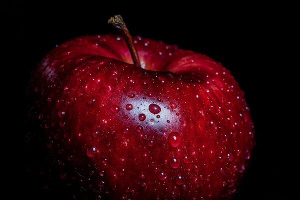 Leuchtend roter Apfel in Wassertropfen auf schwarzem Hintergrund