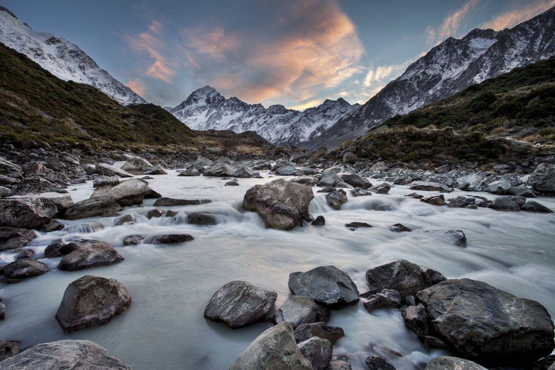 hooker river mount cook national park new zealand river mountain stone