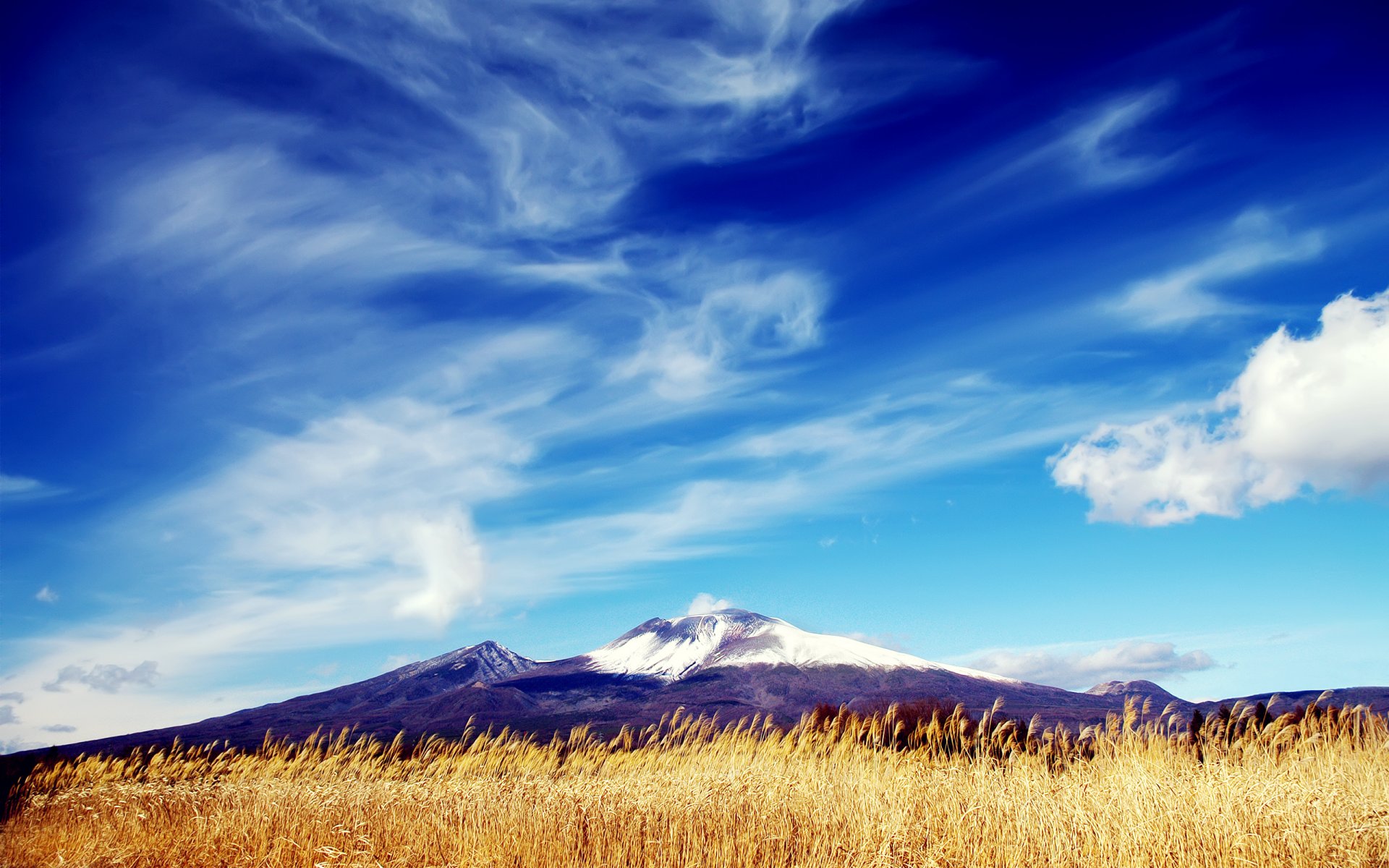 montagne pic champ ciel nuages herbe sec neige