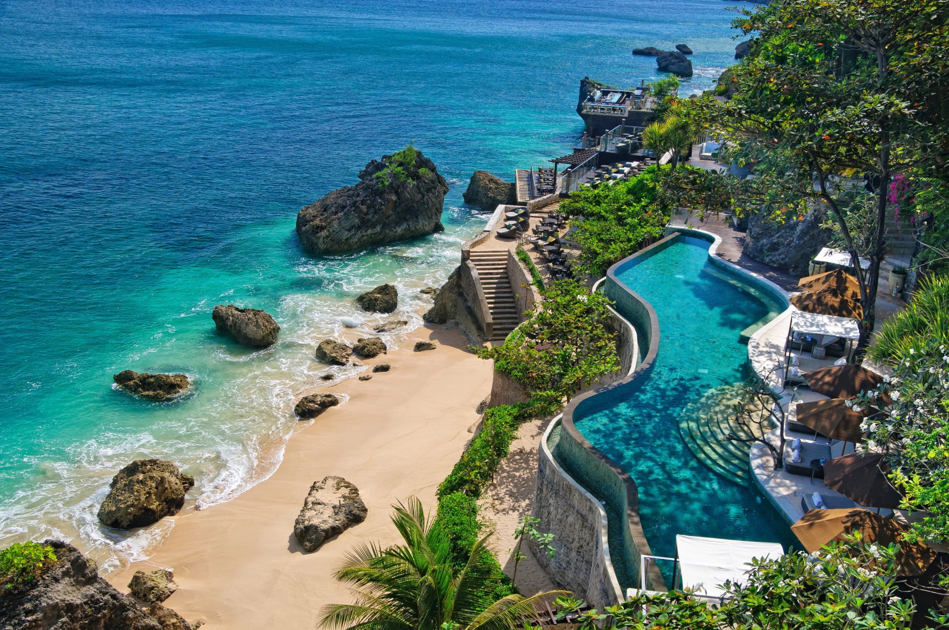 natur indonesien bali schwimmbäder küste schwimmbad meer ozean strand liegestühle steine