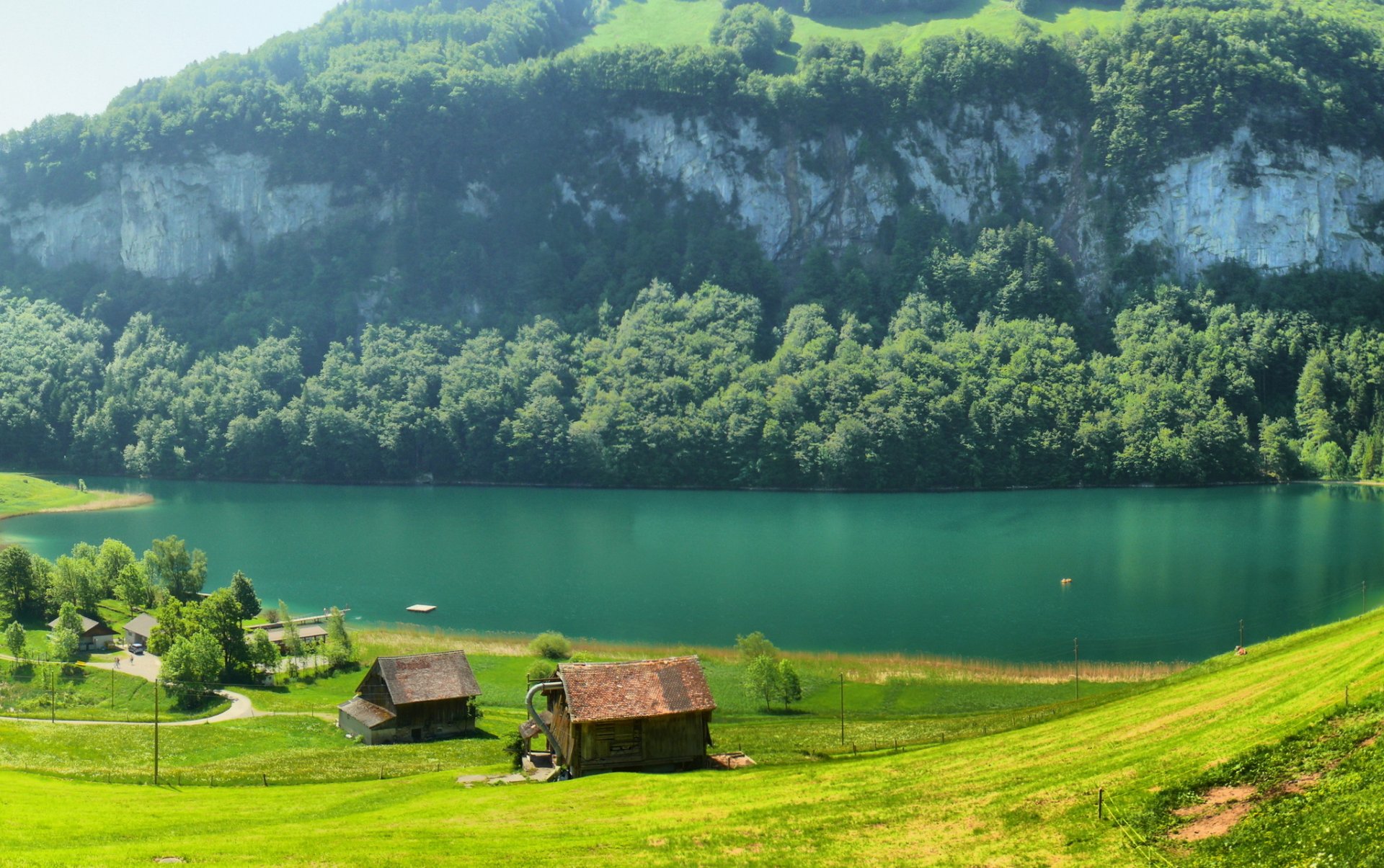 schweiz berge fluss häuser lichtung gras bäume