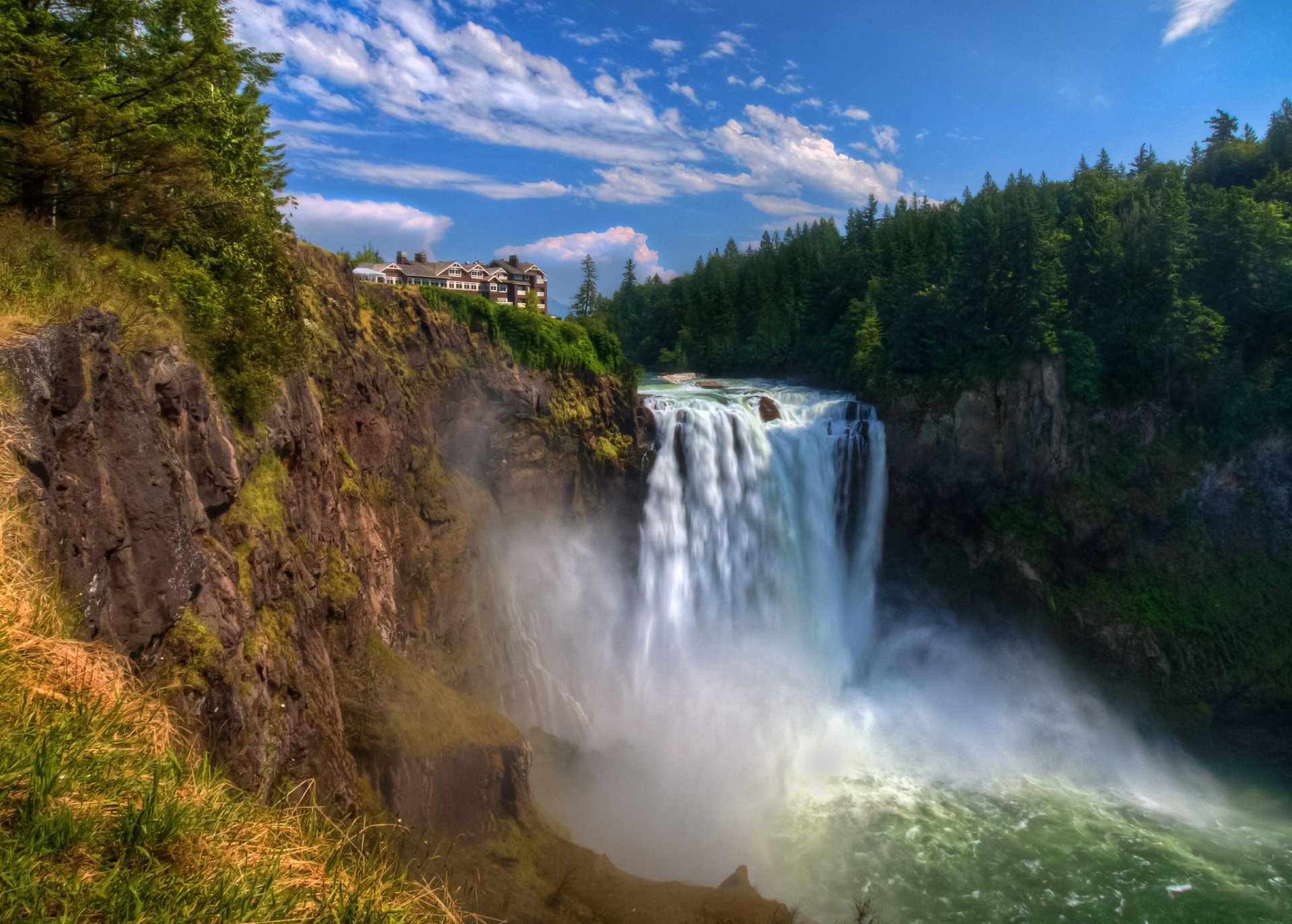 snoqualmy falls wasserfall strom klippe haus