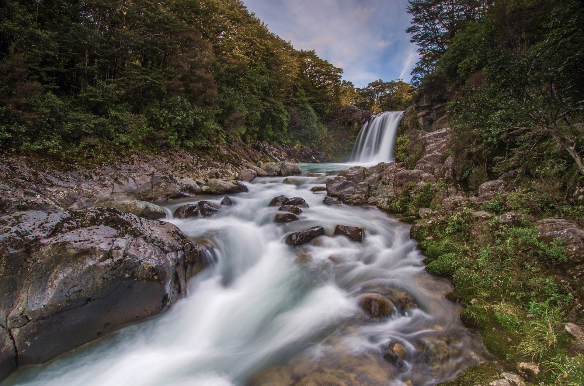 tawhai falls nowa zelandia wodospad rzeka las kamienie