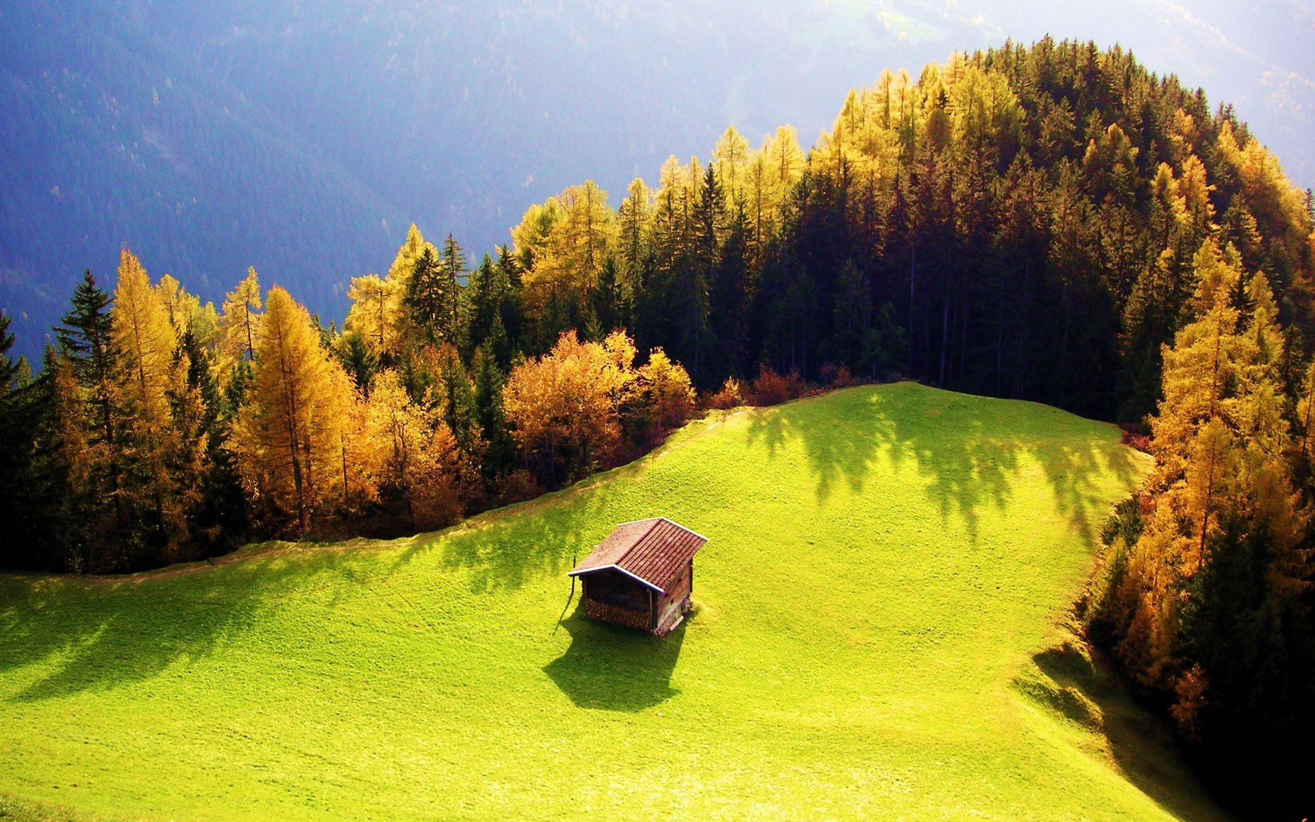 autumn sun volcano forest field house