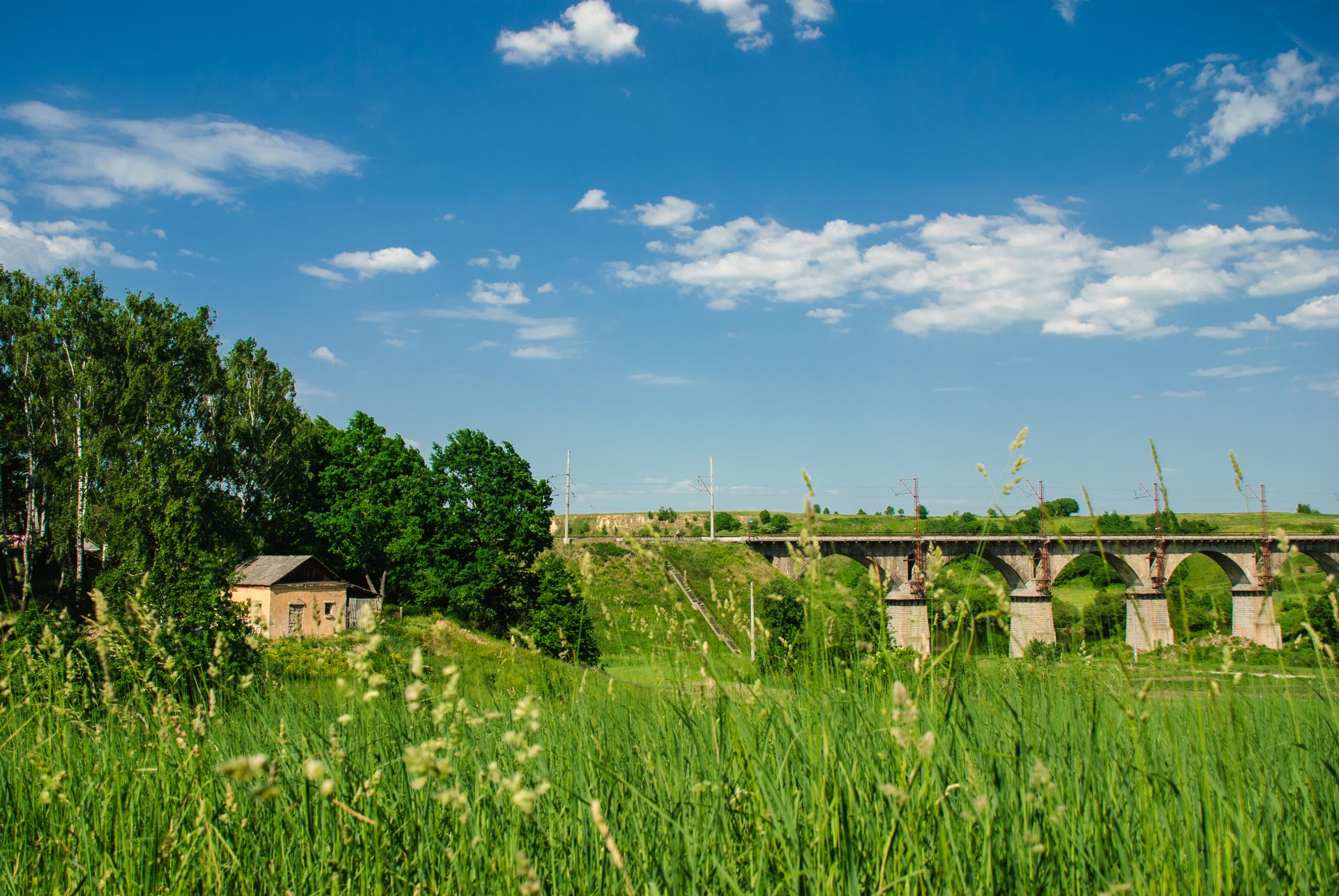 sommer gras brücke himmel wolken